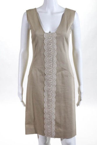 VALENTINO Abito tubino beige cotone smanicato maglia pizzo volant contrasto 4