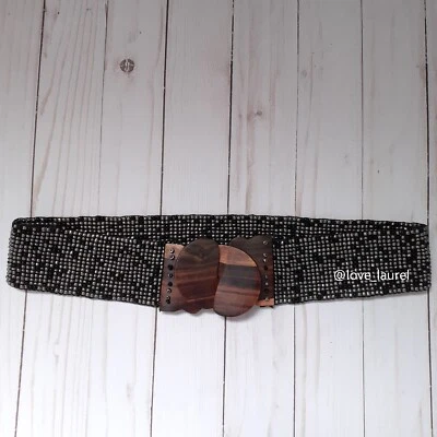 Beaded Wood Stretch Wide Belt Boho Bohemian Artisan Brown Black Gray - Image 1 of 4