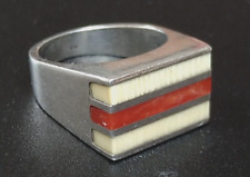 Vintage Modernist Sterling Silver & Coral Thick Wide Striped Ring