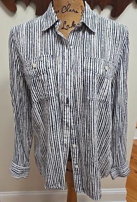9 West Womens S blouse White and Blue Stripes Long Sleeve Button Front Pockets - Image 1 of 4
