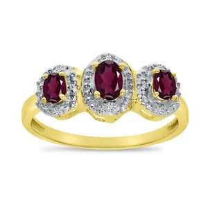 14k Yellow Gold Oval Rhodolite Garnet And Diamond Three Stone Ring - Picture 1 of 6