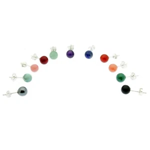 Semi Precious Gemstone Round Earrings Sterling Silver Studs Gift Bag - Picture 1 of 34