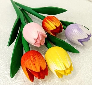 5 wooden tulips bouquet wood flowers Faux Holland Mother Mother's day Spring - Picture 1 of 4