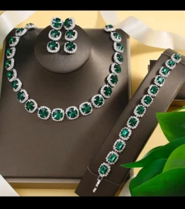 Beautiful Silver Plated with Emerald Green stone necklace, earring, bracelet Set - Picture 1 of 8