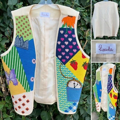 Vintage Ricarda Needlepoint Vest Colorful Heart Strawberry Butterly Geometric  - Image 1 of 4