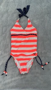 Girls Justice One 1 Piece Bathing Suit Swimsuit Coral/pink Stripe Size 7 - Picture 1 of 6
