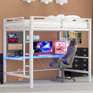Full Size Gaming Metal Loft Bed w/Wooden Desk,LED Light & Remote for Teens-White - Picture 1 of 21