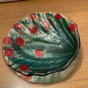 Fused Art Glas Schale Schmuck Tablett grün rot beere signiert Bonboniere - Bild 1 von 11