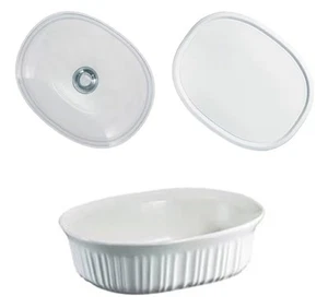 Corning Ware French White 1.5 Qt Oval Casserole Dish F-12-B Pyrex + Plastic Lids - Picture 1 of 4