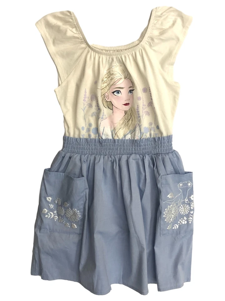 Disney Frozen Girls White & Blue Chambray Elsa Dress Medium (7/8) - Image 1 of 1