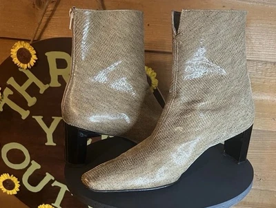 Stuart Weitzman Leather Mid Calf Square Toe Heel Boot Brown Gold Woven Print 10 - Image 1 of 4