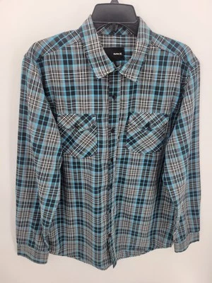 Camisa Hurley Para Hombre Grande Azul Gris A Cuadros Manga Larga Abotonada Informal Exterior Foto 1 de 4