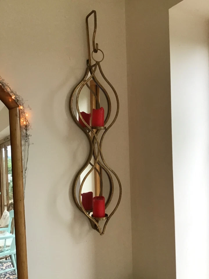 Double Mirrored Hanging Candleholder Sconce Gold-Painted Metal Finish 86cm Tall - Image 1 of 4