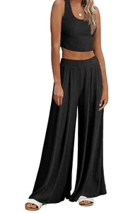 Ekouaer Women's 2 Piece Lounge Set Ribbed Knit Loungewear Tank Top Wide Leg Pant - Picture 1 of 5