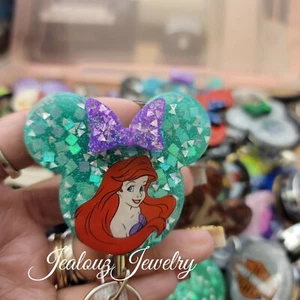 Teal Glitter Heavy Duty ID Badge Reel Holder Made With Minnie Mouse Ariel Decal - Picture 1 of 2