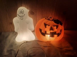 2× Vintage 90s Halloween Ghost & Pumpkin Blow Mold Light Up Outdoor Indoor 10" - Picture 1 of 11