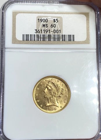 UNCIRCULATED 1900 $5 Gold Liberty Half Eagle NGC MS60 Great Luster AMWK Cover