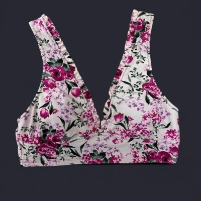 Pink Floral V Neck Bikini Swim Top - Image 1 of 3