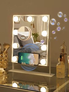 FENCHILIN Vanity Mirror With Lights 9 Dimmable Bulbs Wireless Charger Bluetooth - Picture 1 of 6
