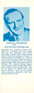1968 Hall Of Fame Basketball Bookmark ARTHUR A. SCHABINGER (A)