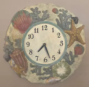 “Down At the Beach” Resin Wall Clock Decor 16” Diameter Seashells Coral Starfish - Picture 1 of 5