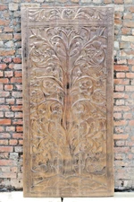 Vintage TREE OF LIFE Carved Wood Panel, India Art Barn Door, Wood Sculpture 84