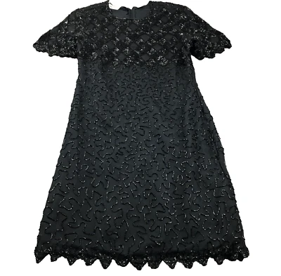 Laurence Kazar Womens Silk Dress Size M Black Beaded Scoop Neck Short Sleeve - Image 1 of 4