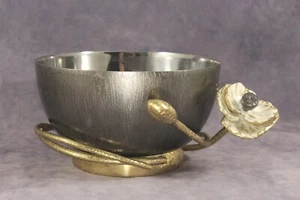 Vintage Michael Aram 4¾" Diameter Stainless Bowl w Brass Mounts & Enamel Flower - Picture 1 of 6