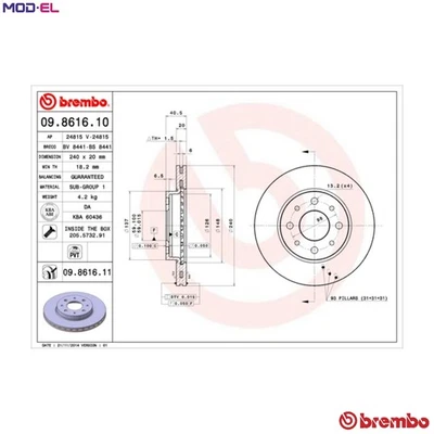 2x BRAKE DISC 09.8616.11 FOR FIAT 500 PANDA/Hatchback/Van/CLASSIC FORD 1.2L 4cyl - Image 1 of 4