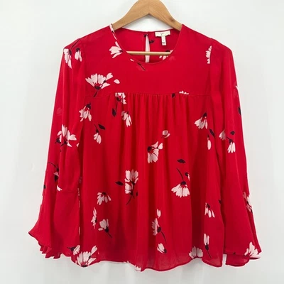 Blusa Top Joie Roja Floral Manga Campana 100% Seda Talla Grande Manga Larga Fluida Foto 1 de 4
