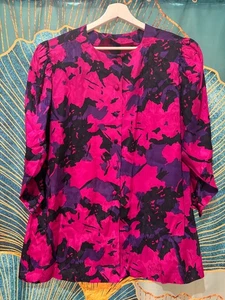 100% Silk Dopamine 80's 90's Vintage Silk Studio Top Blouse L/XL 20 Button Up - Picture 1 of 11