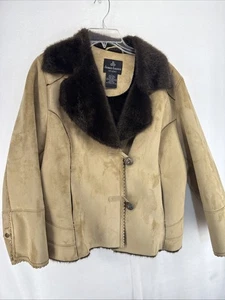 Dennis Basso Studio Faux Suede And Fur Jacket Tan Sz L Notch Collar Winter Fun! - Picture 1 of 11
