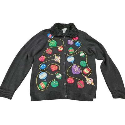 Vintage Investments Christmas Sweater Cardigan Black Ornaments Embroidered M - Image 1 of 4