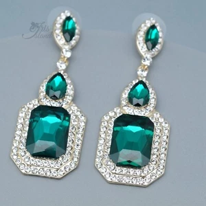 Dangle Earrings Women Green Simulated Emerald Crystal Rhinestone Prom Pageant 93 - Picture 1 of 4