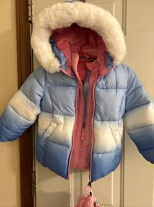 GIRL 4T SNOZU PUFFER JACKET COLORFUL FUR LINED HOOD AND FURRY LINING PINK BLUE - Picture 1 of 5