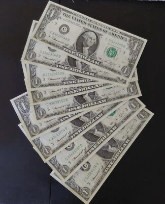 1974 UNC $1 Dollar Sequential Federal Reserve Note CRISP Bills 9 Notes - Image 1 of 2