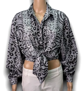 Alia Petite Blouse Size 18P Silver Leopard Print Shimmer Full Sleeve Button Up - Picture 1 of 7