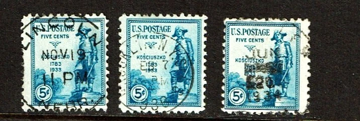 1933 U.S. CLASSIC 5c KOSCIUSZKO Lot of 3  Sc#734 Great City Cancels - Image 1 of 1