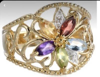 18K Gold - Plated Ring Size 7  Multi Color Gemstones Floral Ring . S50 - Image 1 of 4