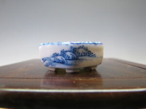 Japanese Bonsai Pot SHOSEKI 1.4"(3.6cm) Blue Sansui Painted Hexagon B029