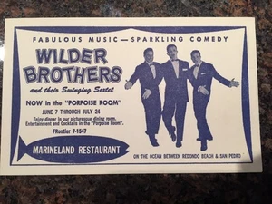 Pubblicità Wilder Brothers and Sextet In The Porpoise Room at Marineland Restaurant Card - Foto 1 di 5