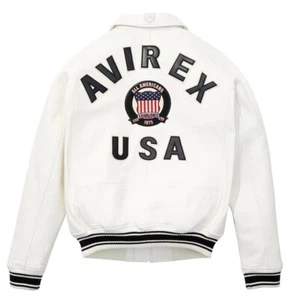 Men's Avirex White Bomber American Flight Real Sheep Skin Leather Jacket - Picture 1 of 5