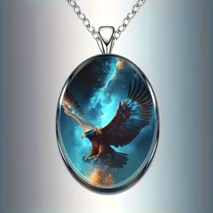 Eagle Sky Oval Jewelry Vintage Silvery Bird Gothic Pendant Necklace - Picture 1 of 4