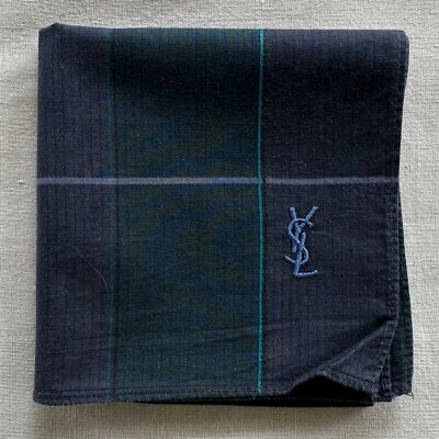 Handkerchief Vintage Navy Green Cotton Check & Pencil Striped Pocket Square 18" - Image 1 of 3