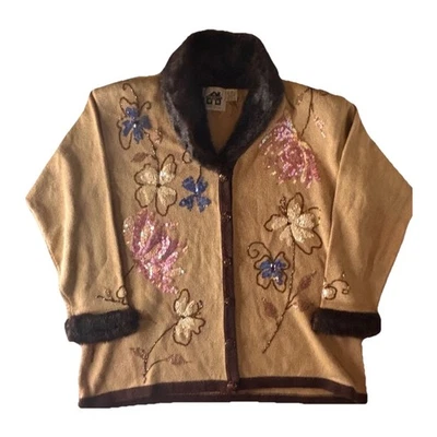 storybook knits fabulous sequin floral #5639 sz2X faux fur collar cuffs - Image 1 of 4