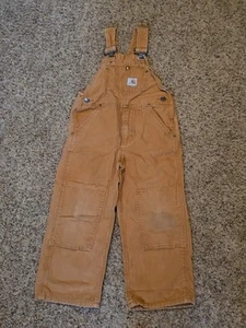 Carhartt Double Knee Bibs Overalls Duck Canvas Tan Brown Youth Size 5 - Picture 1 of 21
