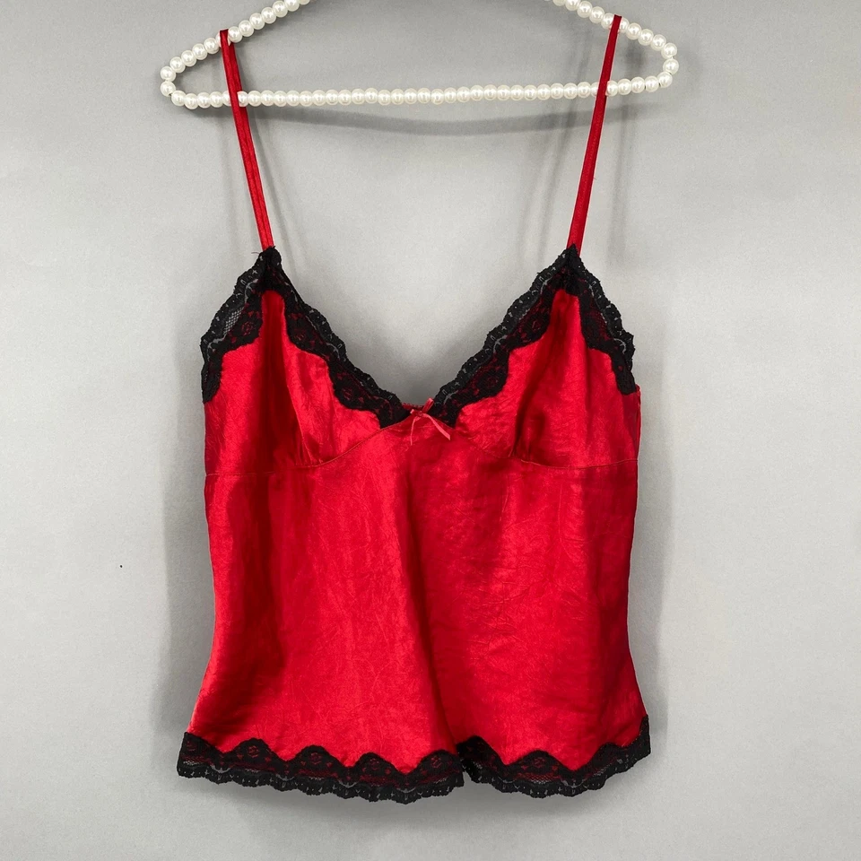 Top Cami Rojo Satinado Sin Límites XL Negro Encaje Ribete Sexy Y2K Caprichoso Gótico Tanque Foto 1 de 4