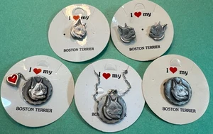 5 Rawcliffe Pewter 1983 Boston Terrier dog pendant, lapel pins earrings Jewelery - Picture 1 of 13