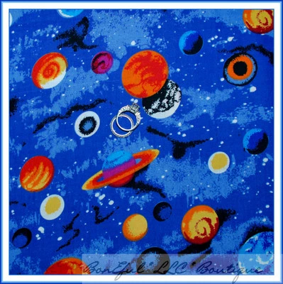BonEful Fabric FQ Cotton Quilt Blue B&W Dot Sky Star Solar System Space Planet S - Image 1 of 4