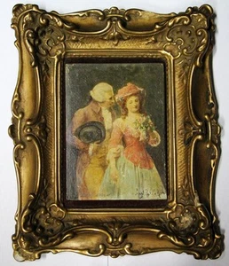Impresionante óleo antiguo en miniatura sobre panel escena romántica 14 x 10 cm firmado - Imagen 1 de 5